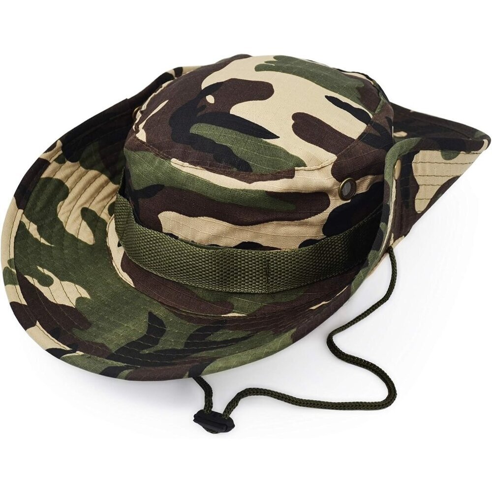 Unisex Army Camo 100% Polyester Wide Brim Boonie With Chin Strap Bush Sun Hat